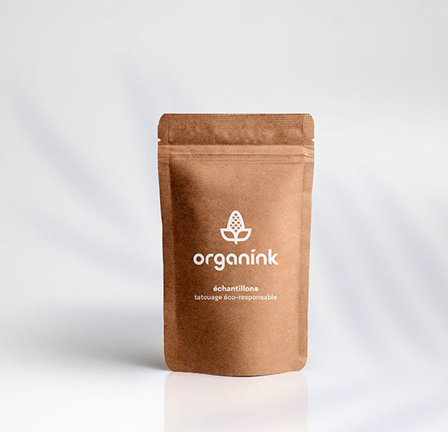 Grossiste matériel tatouage organink écoresponsable tatouage échantillons protection bouteille, pen, clipcord, rasoirs paille blé beige double lames et godet à encre biodégradable consommables écologique